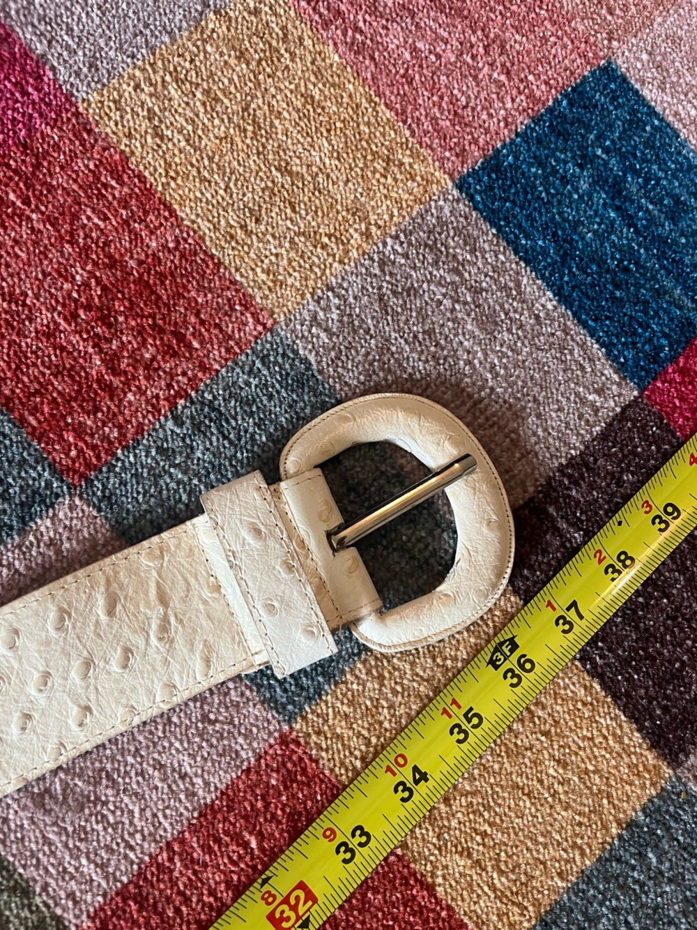 Cream Ostrich Textured Leather Belt with Round Buckle